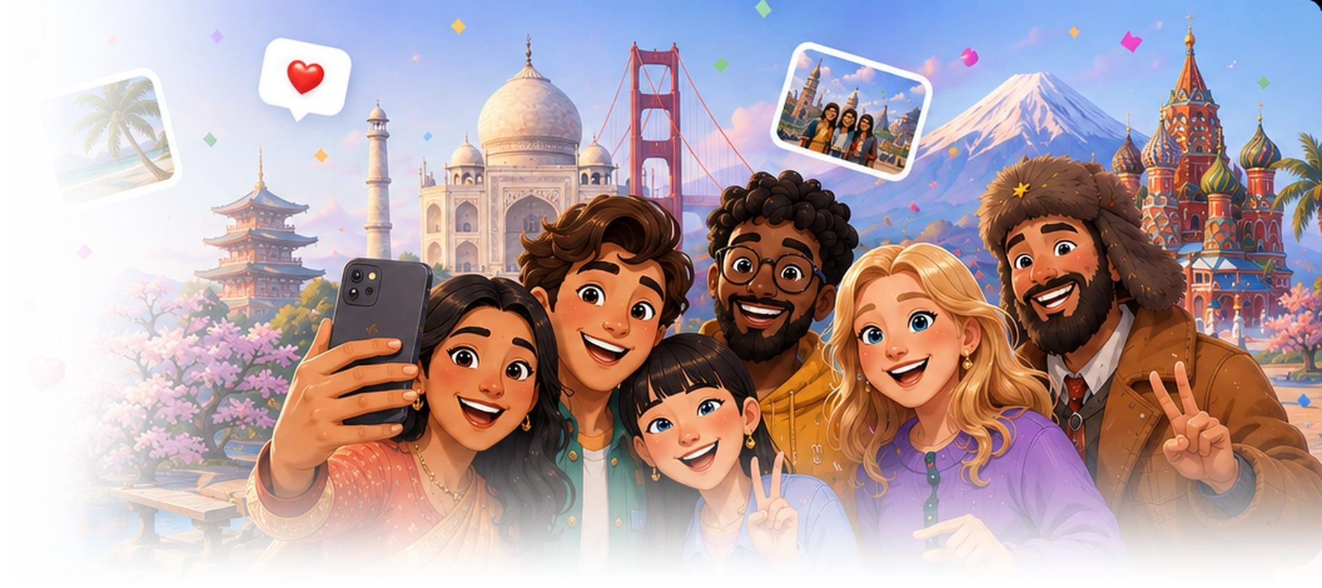 Friends from around the world capturing a joyful memory